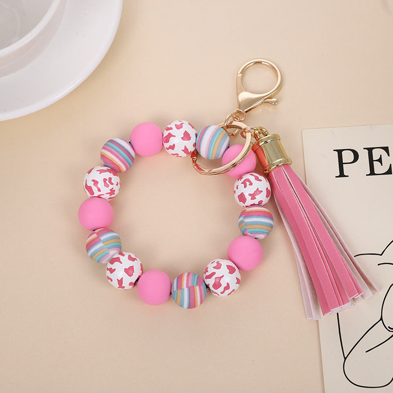 Wholesale Retro Silicone Bead Bracelet Keychain With PU Tassel Mint Green Geometric Print Chic Fashion Accessory For Everyday Use