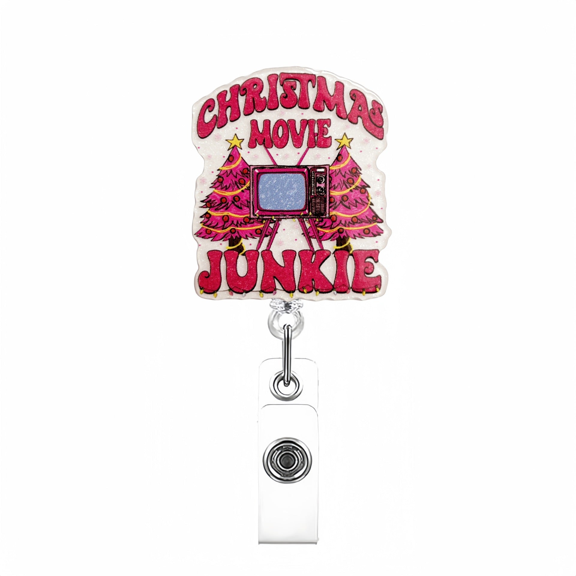 Wholesale Acrylic Pink Christmas Retractable Rotating Badge Keychain