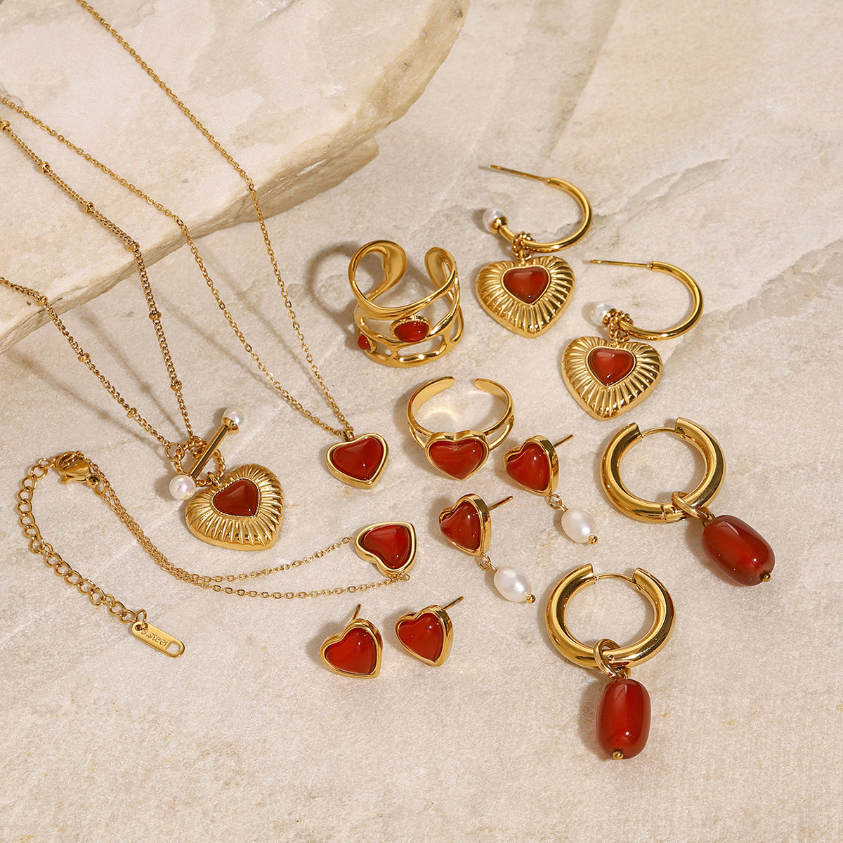 Wholesale 18k gold stainless steel red agate heart earrings rings necklace