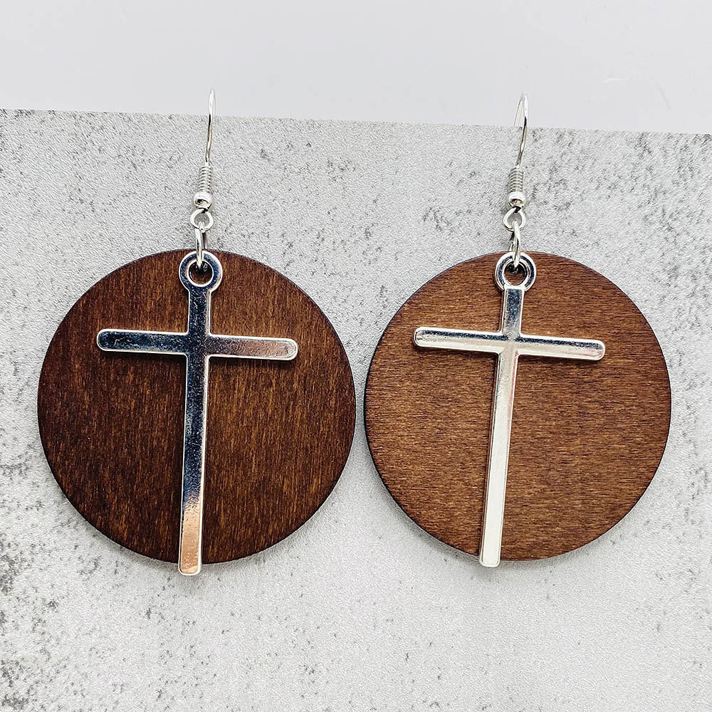 Wholesale Vintage Wooden Cross and Feather Earrings