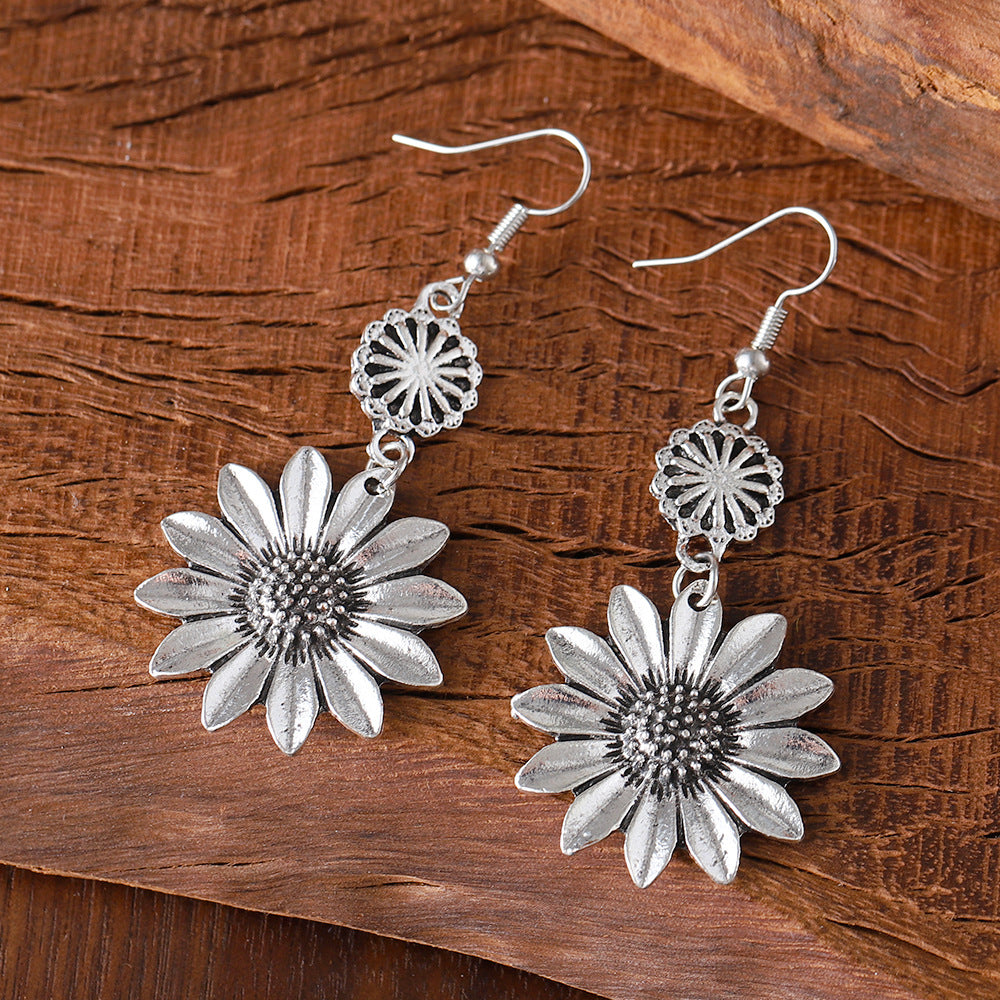 Wholesale Retro Three-dimensional Sunflower Pendant Earrings