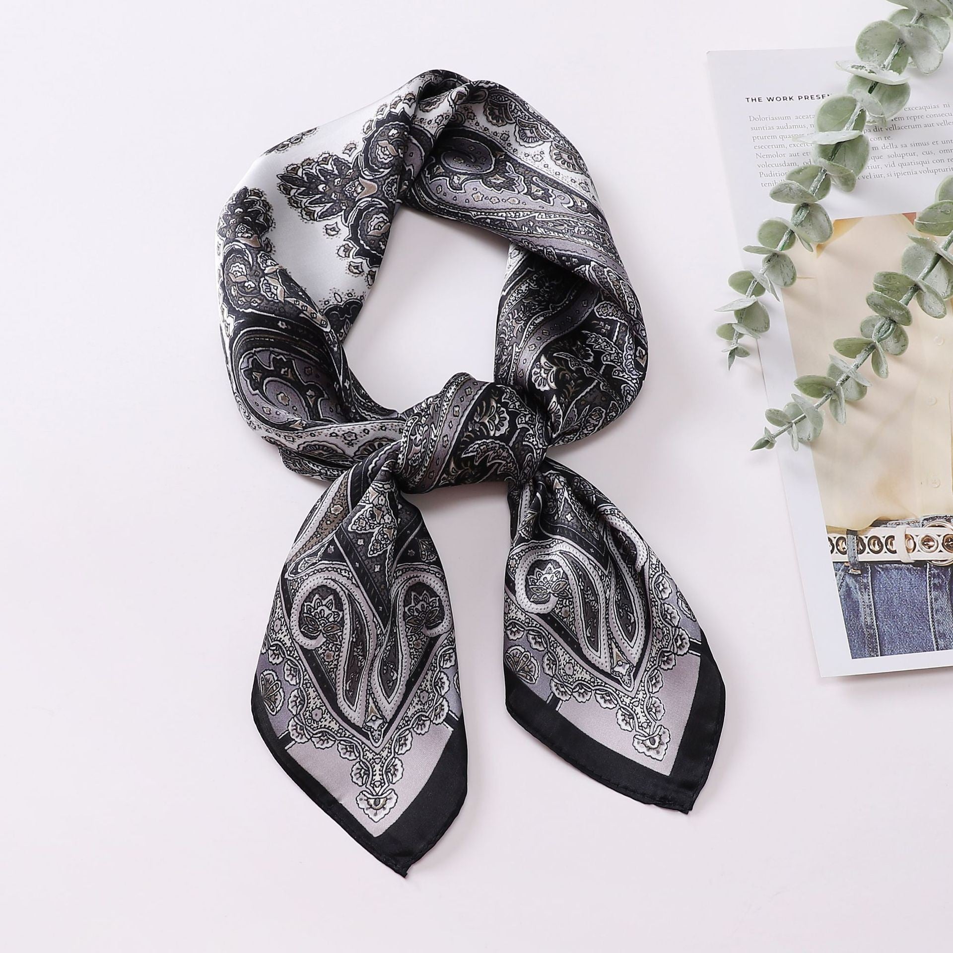 Wholesale Black and White Cashew Flower Silk  Scarf
