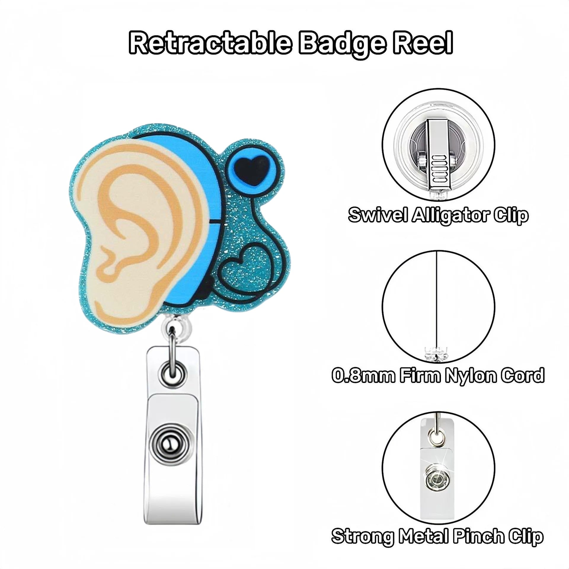 Wholesale Acrylic Ear Nurse Doctor Retractable Rotating Badge Keychain