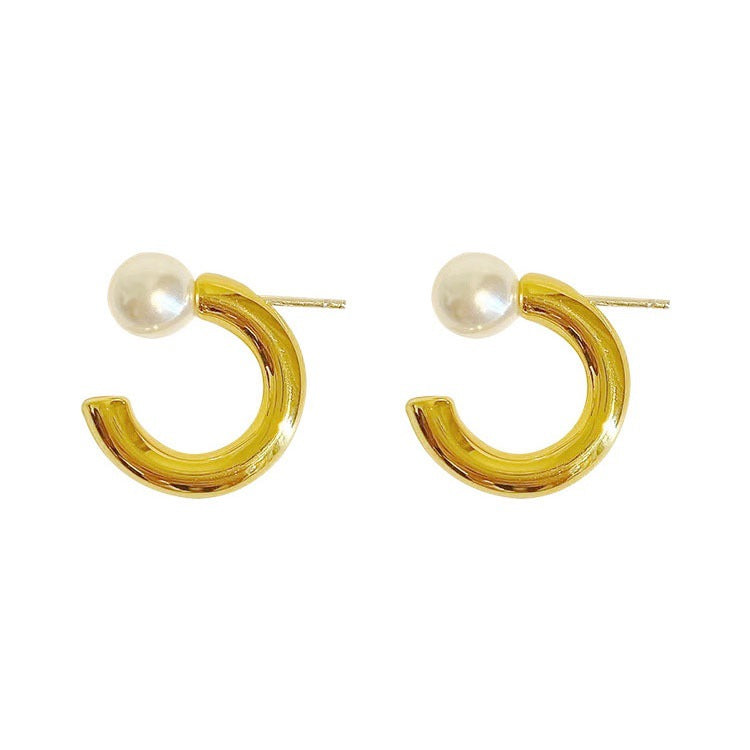 Wholesale Silver-Tone Metal C-Shaped Pearl Earrings Korean Style Fashion Jewelry Accessory