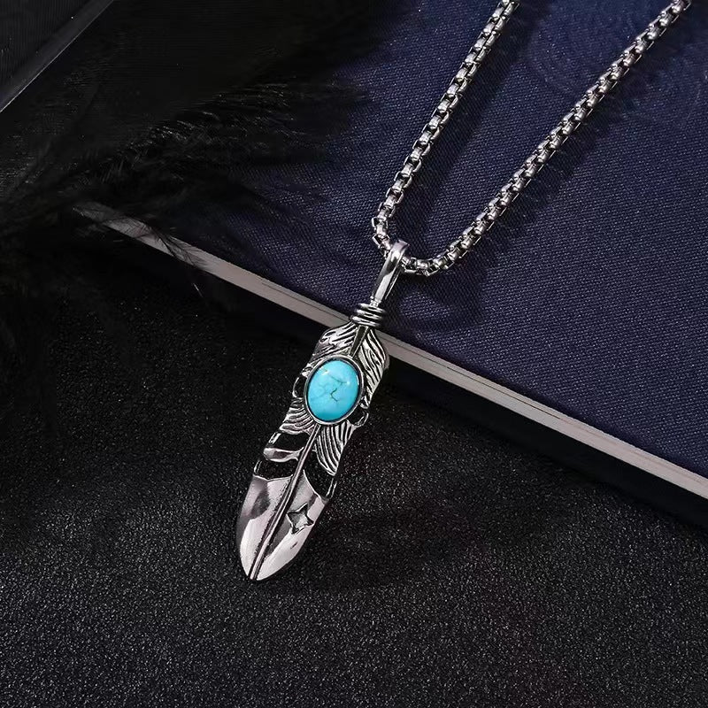Wholesale Turquoise Eagle Claw Alloy Vintage Maple Leaf Pendant Sweater Chain Long Necklace Titanium Steel ACC-NE-BYJY011