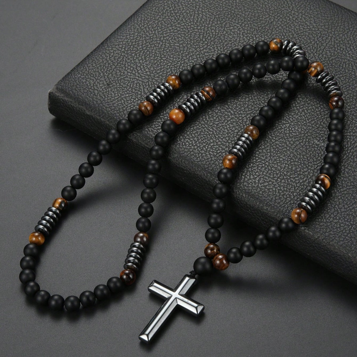 Wholesale Yellow Tiger Eye Retro Natural Stone Men' s Long Cross Necklace