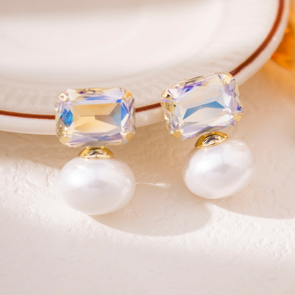 Wholesale Silver Needle  Zircon Large Pearl Earrings Retro Light Luxury Colorful  Earrings