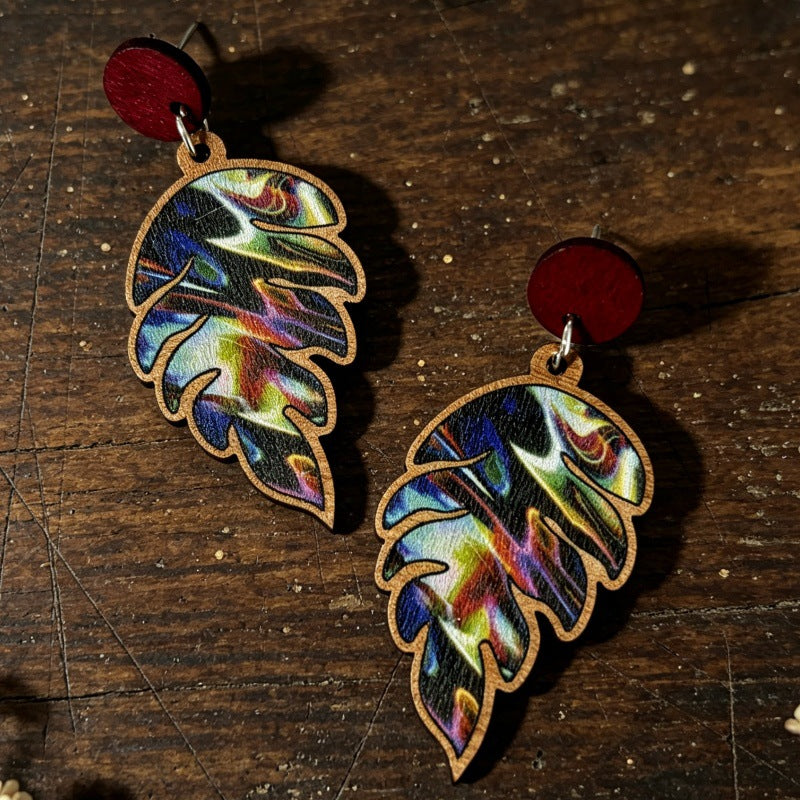 Wholesale Colorful Wooden Leaf Earrings Trendy Printed Monstera Drop Earrings Retro Fashion Jewelry Accessory Resale Boutique Gift