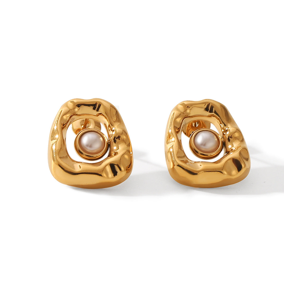 Wholesale stainless steel 18k gold pearl volcanic lava pattern geometric  earrings