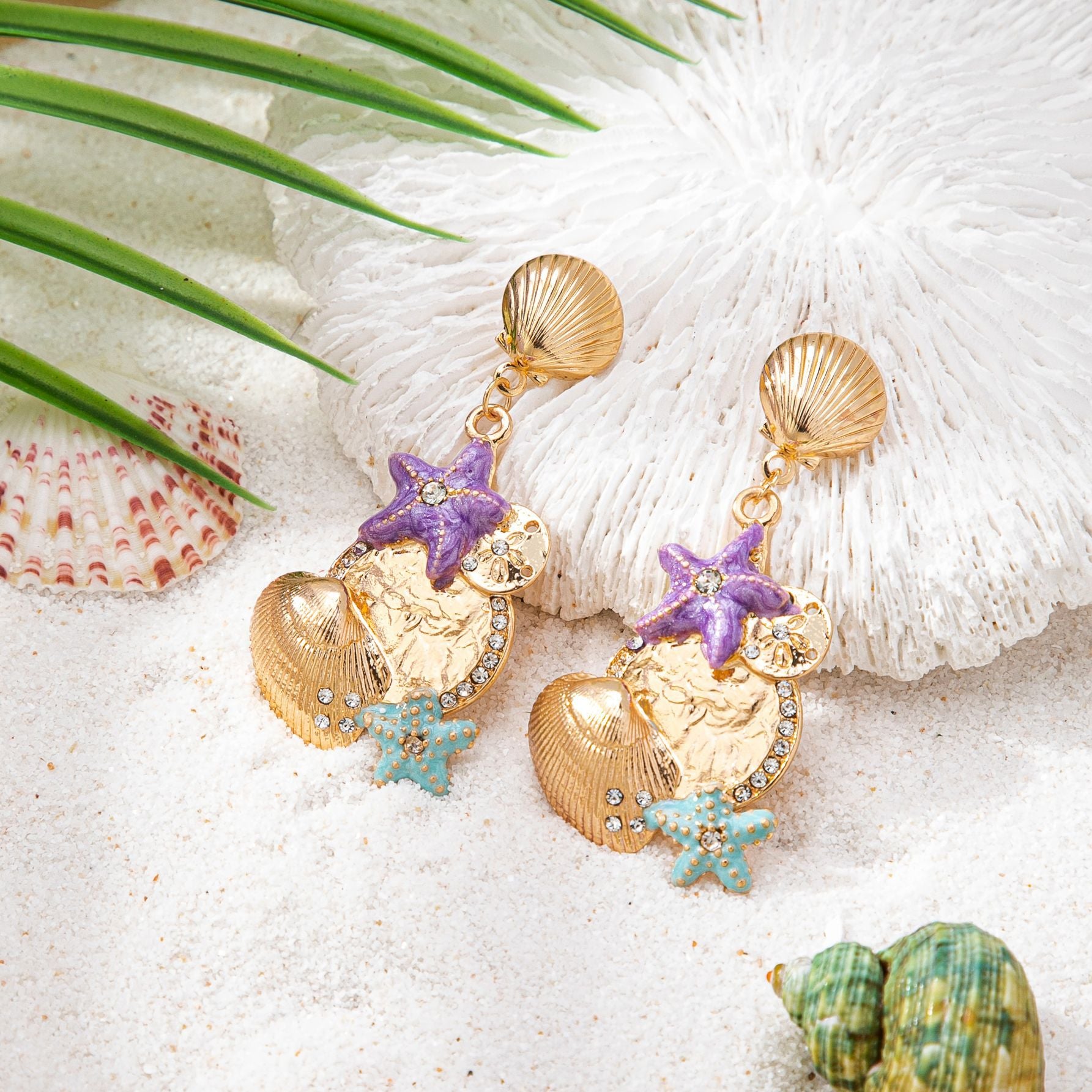 Wholesale Trendy Starfish Shell Earrings For Women Colorful Alloy Jewelry Accessory Summer Beach Vacation Casual Style Gift Resale
