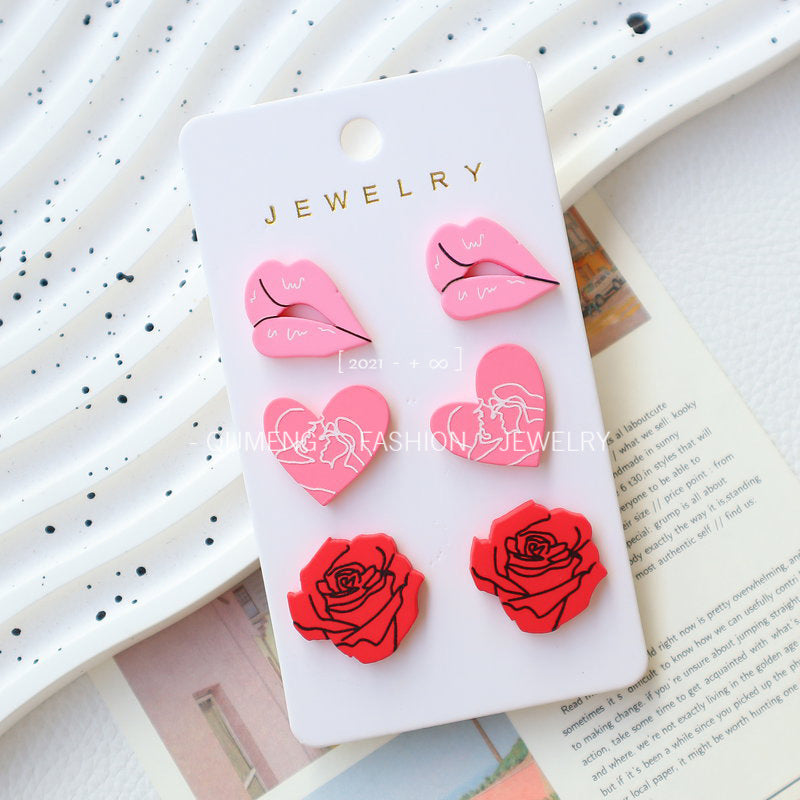 Wholesale Valentine's Day Love Heart Lips Rose Acrylic Earrings Set