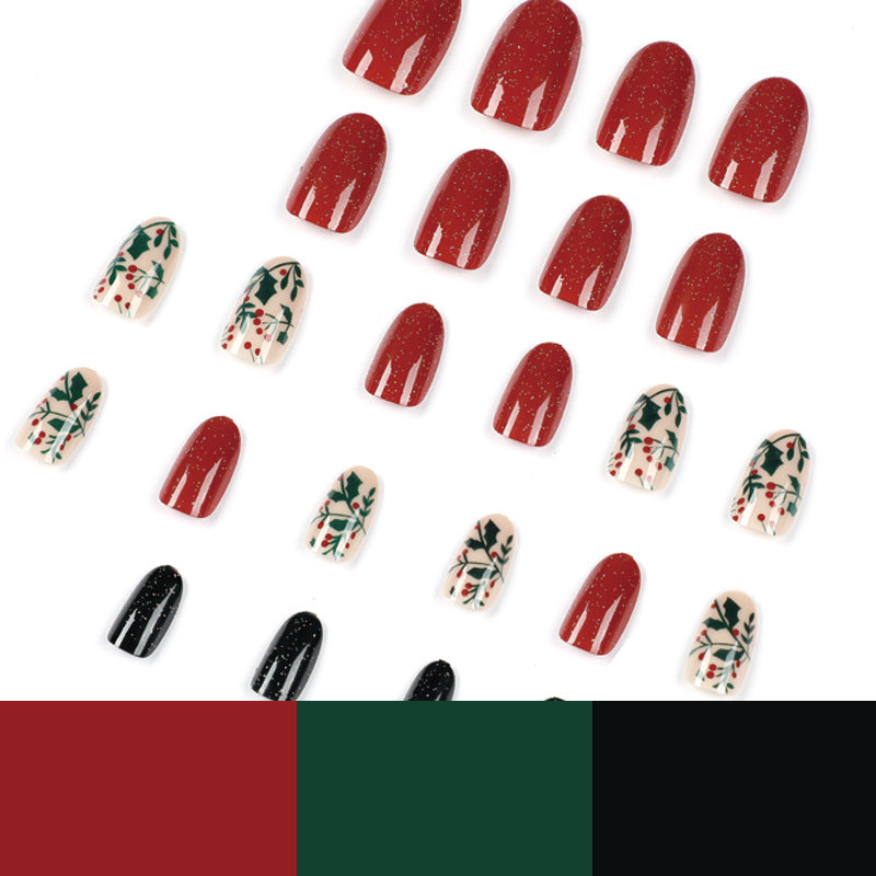 Wholesale 24 Pieces/box Christmas Leaf Press-on Nails Kits Nail Stickers ACC-NS-LeFan029