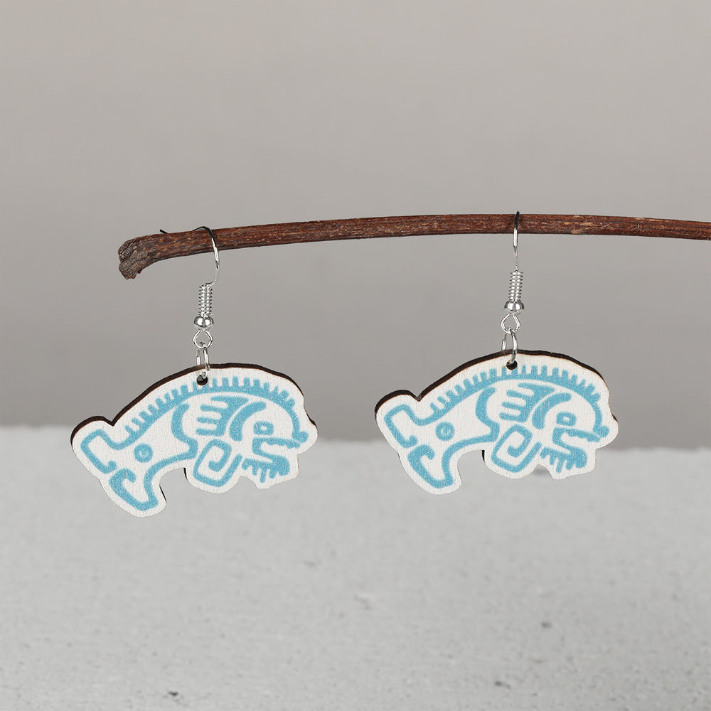 Wholesale wooden animal and Mayan image earrings