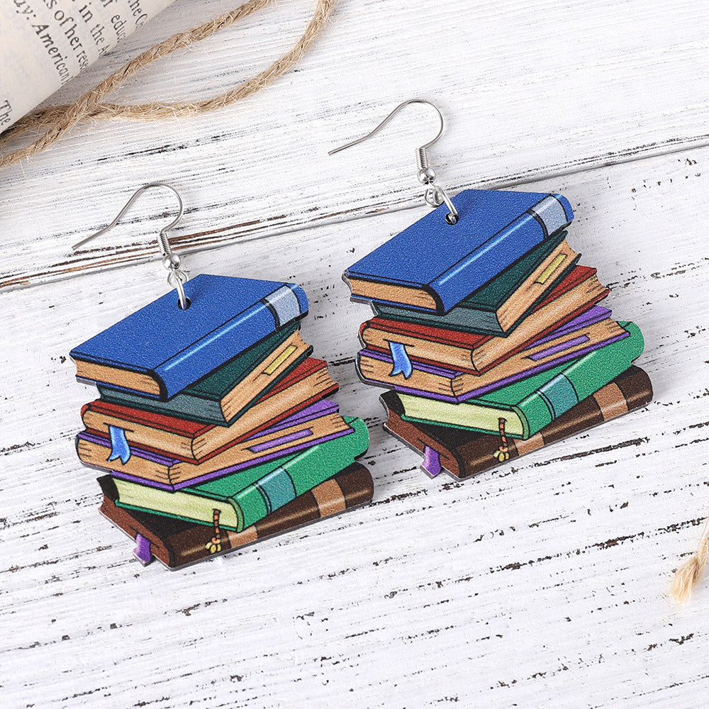 Wholesale Teacher's Day Book Wooden Double-Sided Earrings