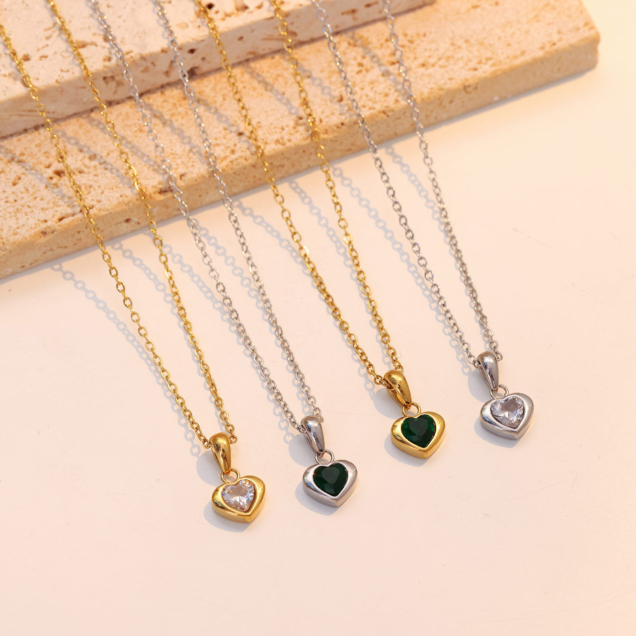 Wholesale Heart-Shaped Emerald Titanium Steel Jewelry Set including Earrings Necklaces