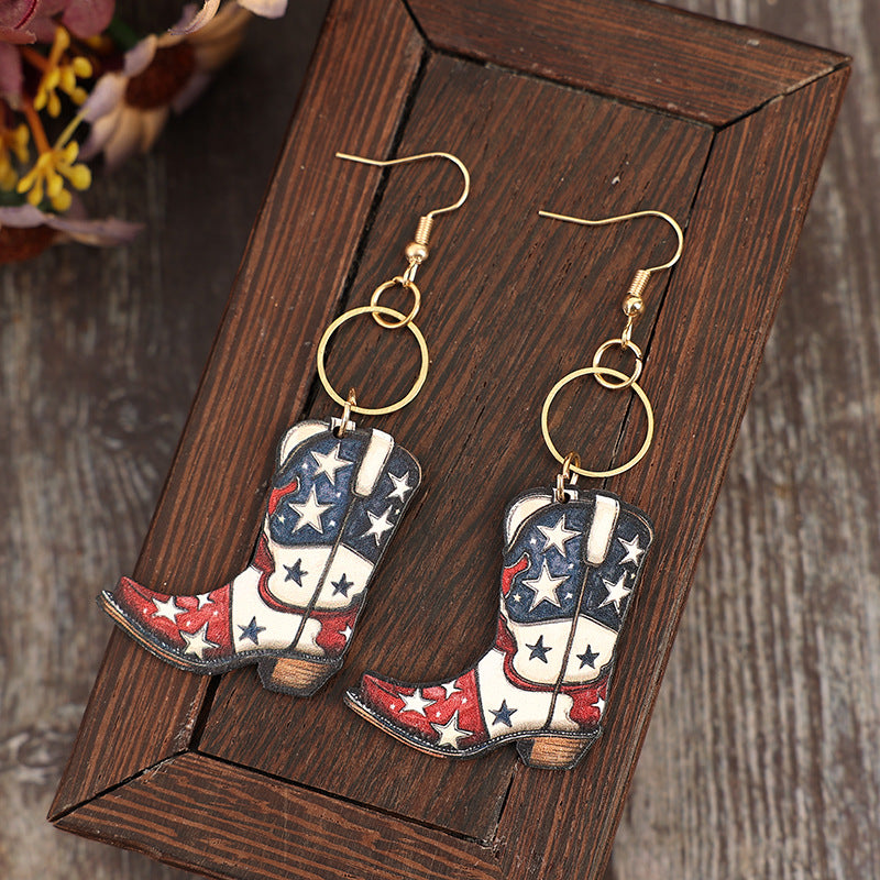 Wholesale American Independence Day Retro Western Boots Five-pointed Star Wooden Earrings