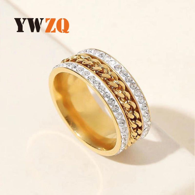 Wholesale Titanium Steel Ring Two Row Diamond Chain Stainless Steel Ring ACC-RS-ZhongQi008