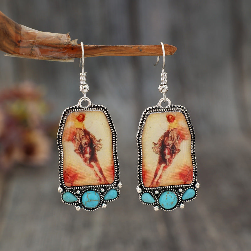 Wholesale Retro Geometric Animal Turquoise Alloy Earrings Bohemian Fashion Accessory Boutique Resale