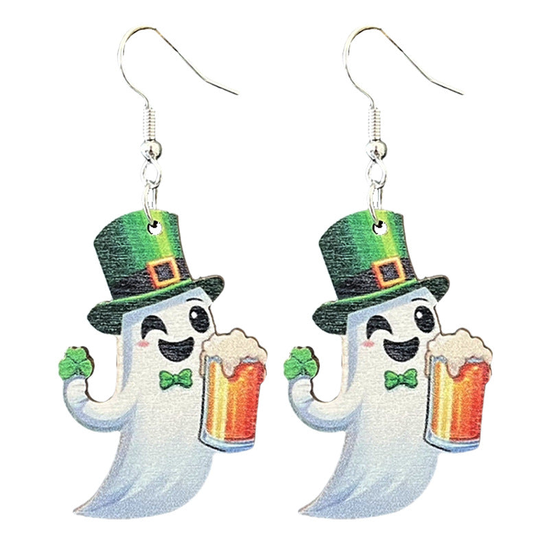 Wholesale 2 pairs/pack Wooden St.  Patrick' s Day ghost beer dinosaur and hedgehog cute earrings