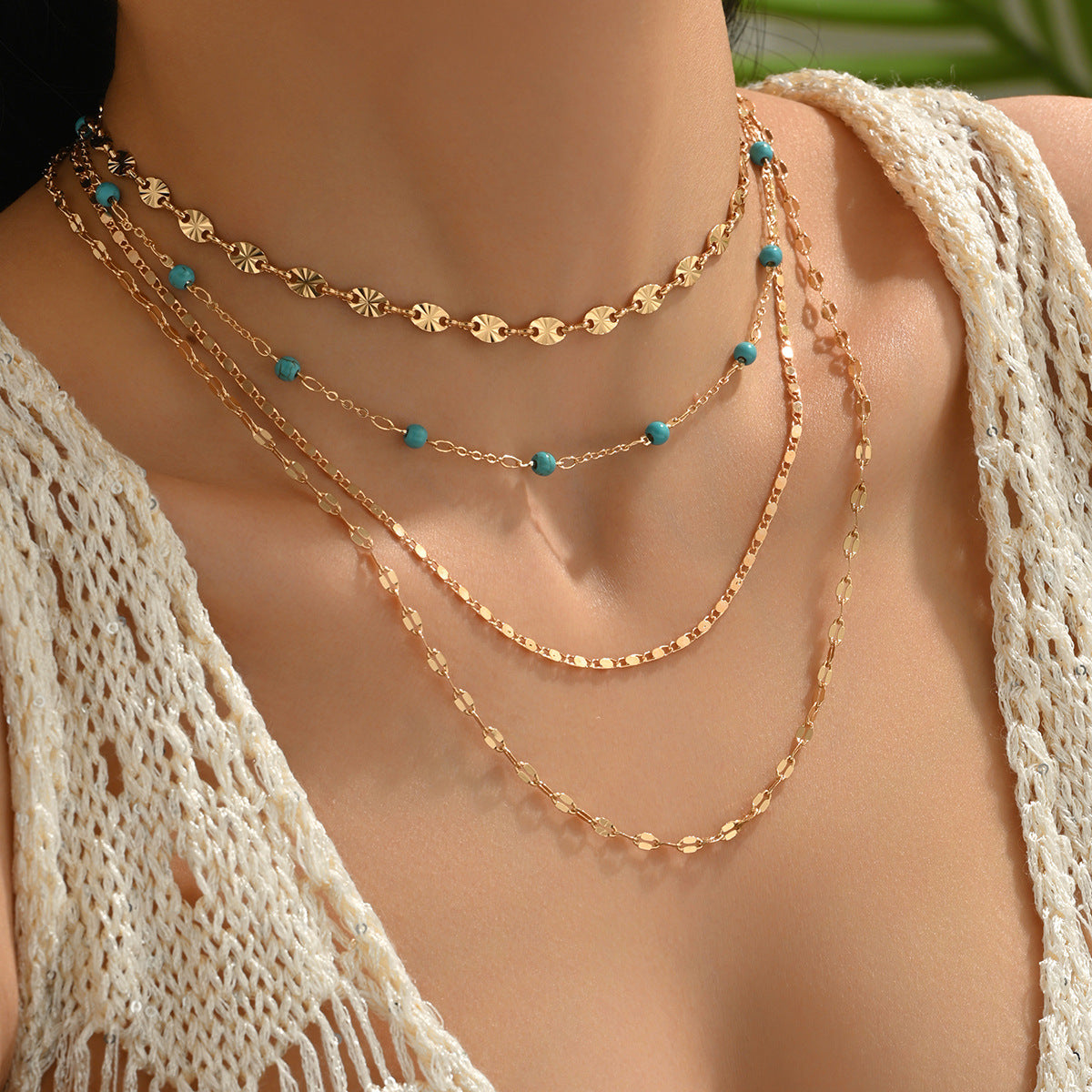Wholesale Casual French-Style Turquoise Beaded Necklace Set of 4,  Gold-Plated Collarbone Chain Jewelry Accessory for Women