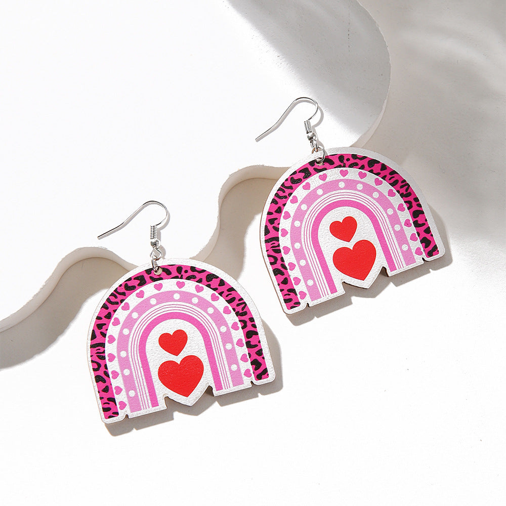 Wholesale Cute Pink Wood Printed Valentine's Day Earrings