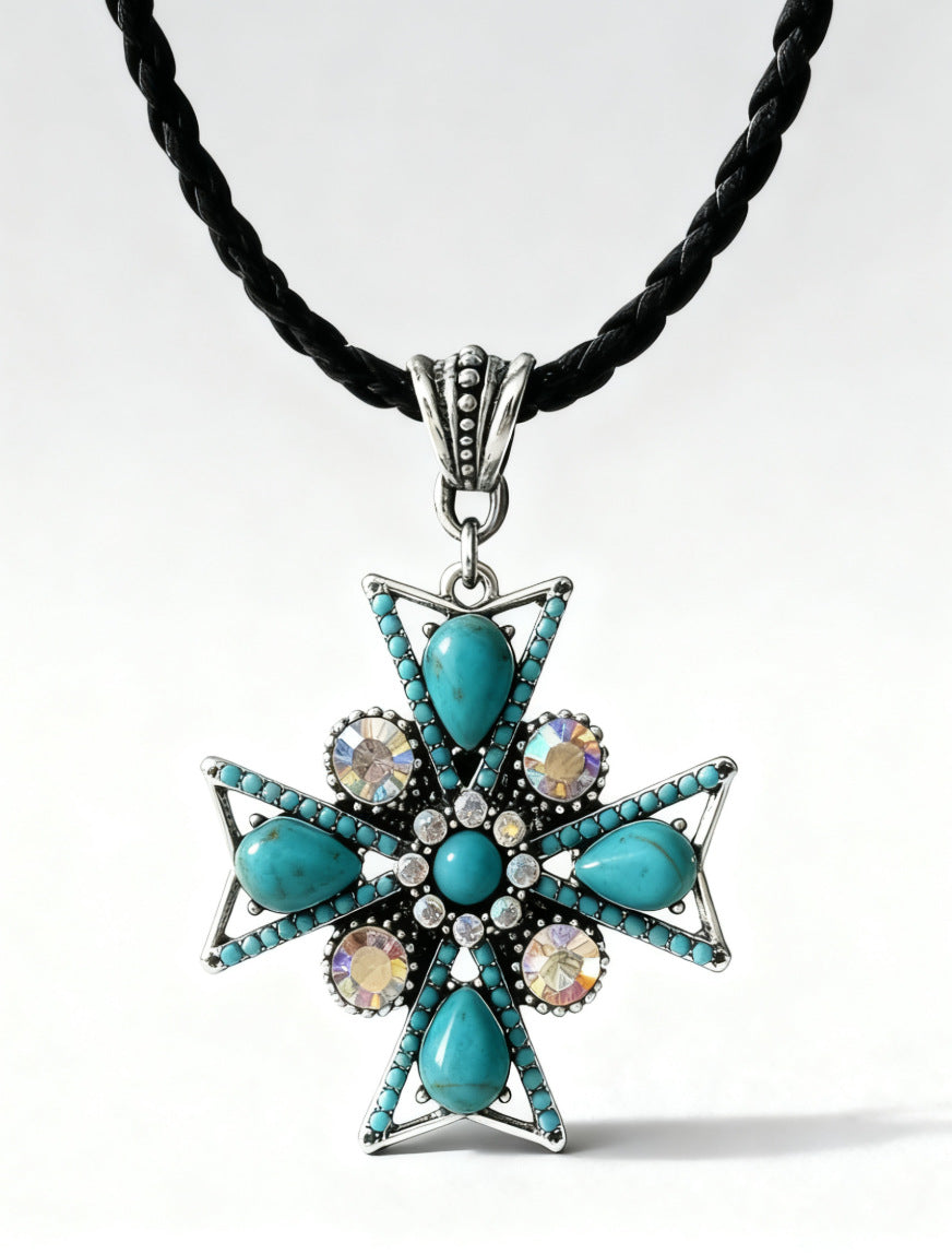 Wholesale Rhinestone Cross Pendant Necklace with Leather Rope,  Boho Style Fashion Accessory for Women