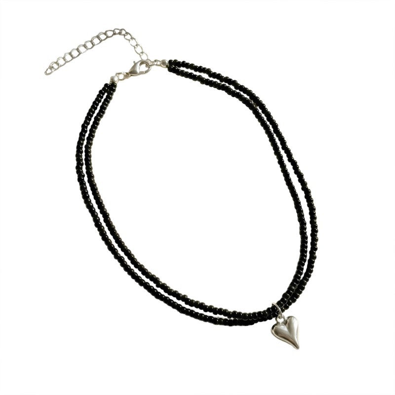 Wholesale Black Rice Bead Heart Pendant Necklace Double Layer Clavicle Chain Trendy Fashion Accessory For Women Gift Boutique Resale