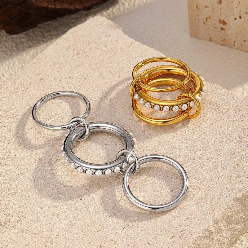 Wholesale stainless steel pearl stacked  ring
