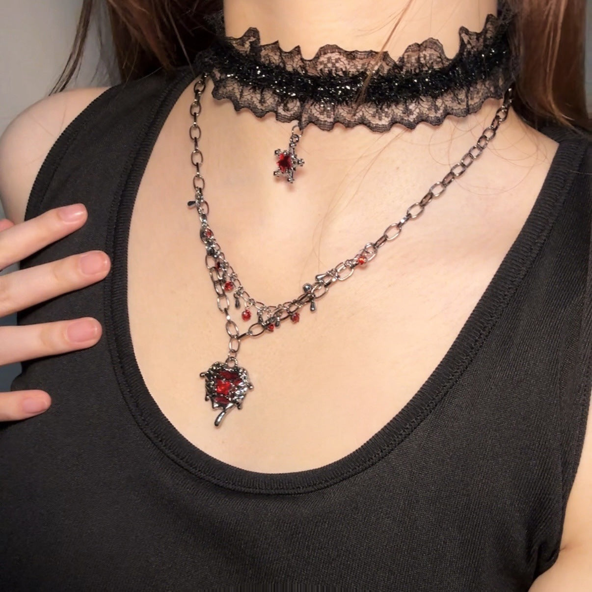 Wholesale Alloy Gothic Choker Necklace with Lace Heart Pendant,  Y2K Style Jewelry Accessory for Women