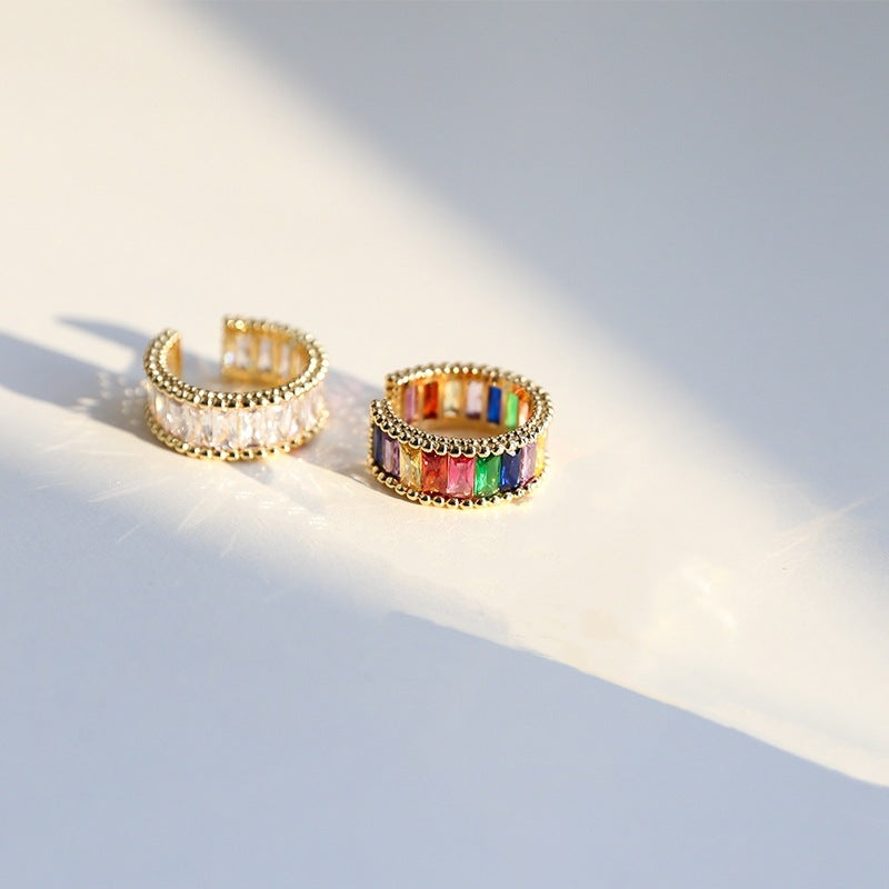 Wholesale Stylish Rainbow Zirconia Open Adjustable Ring Gold Tone Copper Electroplated For Unisex Fashion Jewelry Accessory