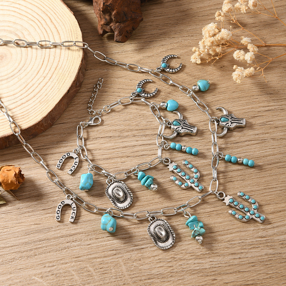 Wholesale Cowboy Hat Turquoise Multi-Alloy Clavicle Chain Geometric 2-Piece Bracelet +  Necklace Set