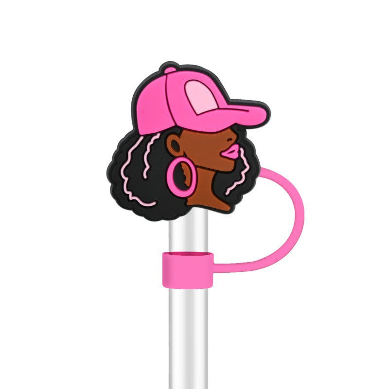 Wholesale 100pcs randomly black girl fashion series straw covers,  10mm soft silicone straw tube cap.