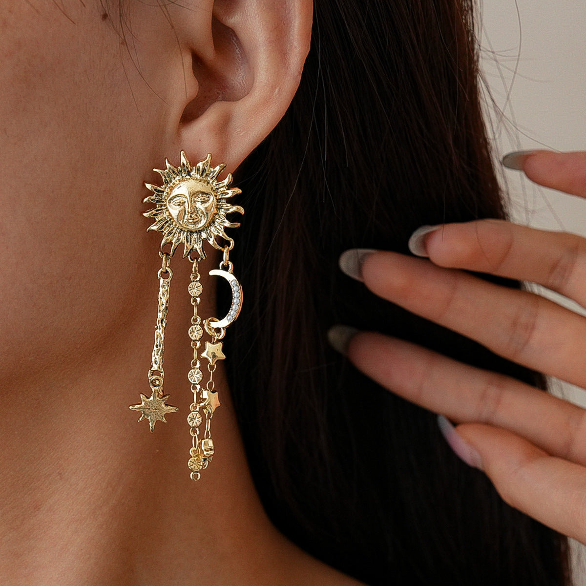 Wholesale Retro Vintage Imitation Pearl Moon Star Tassel Earrings Silver Needle Party Wear Jewelry Accessory