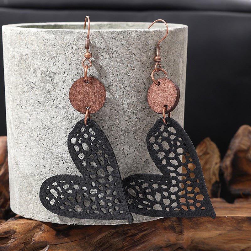 Wholesale Valentine's Day Love Wood Pieces Hollow Mesh Leather  Earrings