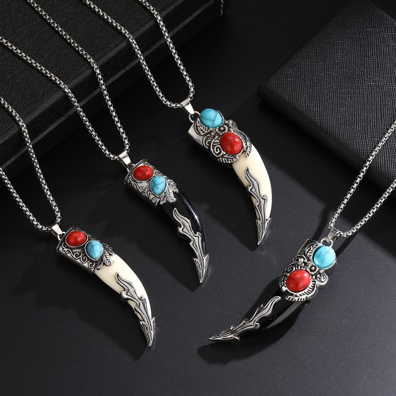 Wholesale Stainless Steel Ethnic Retro Wolf Tooth Pendant Necklace White Charm With Pearl Chain Fashion Accessory For Everyday Wear