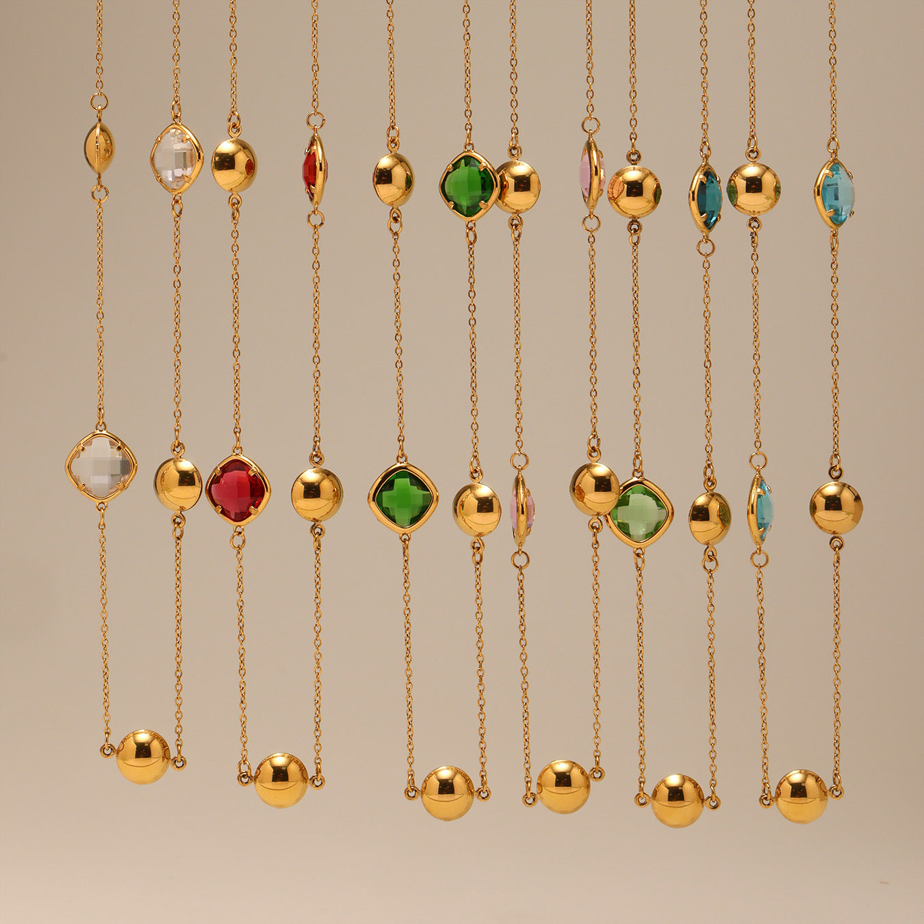 Wholesale Stainless steel Glass Stone Plated 18K Gold Long Necklace