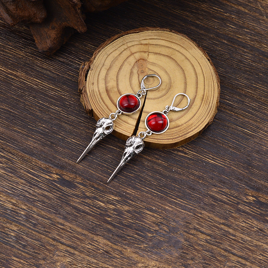 Wholesale Chic Gothic Crow Pendant Earrings Antique Silver Finish Ruby Red Accent  Fashion Jewelry Gift