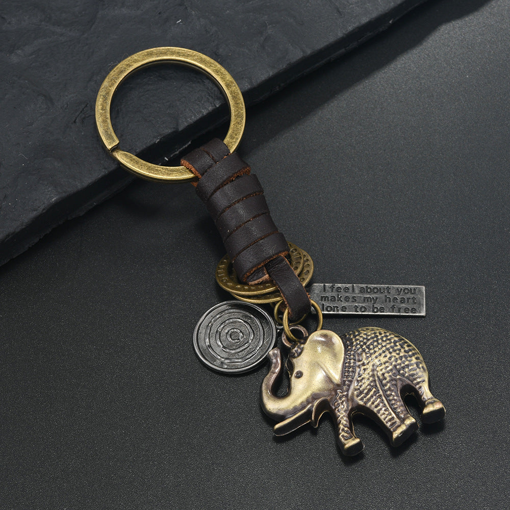 Wholesale  Alloy Bronze Elephant Retro Woven Cowhide Pendant Keychains