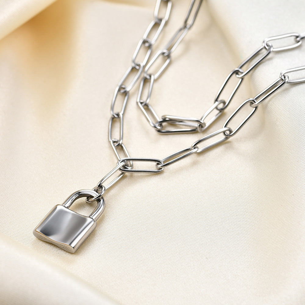 Wholesale Stainless Steel Flat Long O-chain Lock Pendant Double Layer Necklace