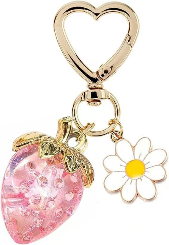 Wholesale Cute Strawberry Pearl Bow Bag Charm Keychain Plastic Resin Pendant Boutique Resale Car Key Accessory