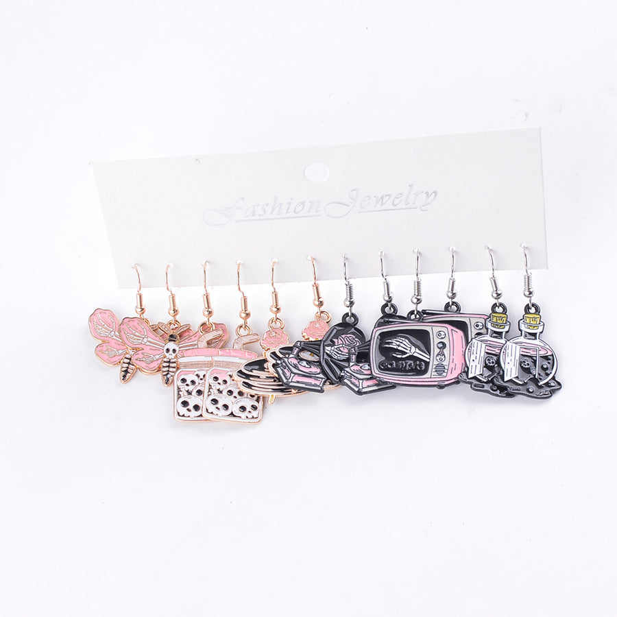 Wholesale Halloween pink and black skull ghost earrings set