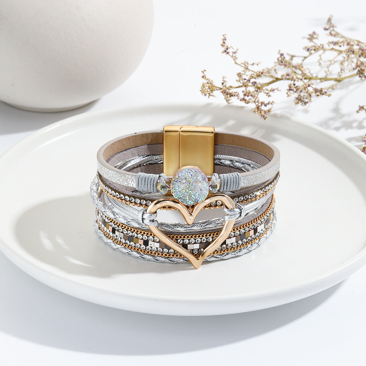 Wholesale Leather Cord Bracelet Bohemian Multi-Layered Bracelet Raw Stone Love Bracelet ACC-BT-Shangy002