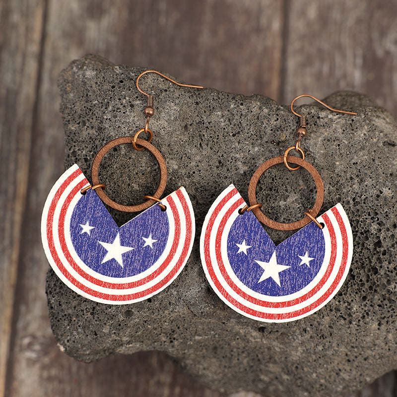 Wholesale American Independence Day semicircular striped five-pointed star wooden retro earrings