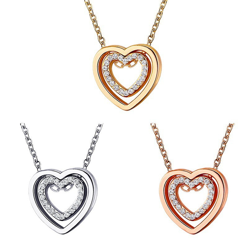 Wholesale Fashion Double Heart Pendant Necklace Alloy Gold Tone Chain Jewelry Accessory