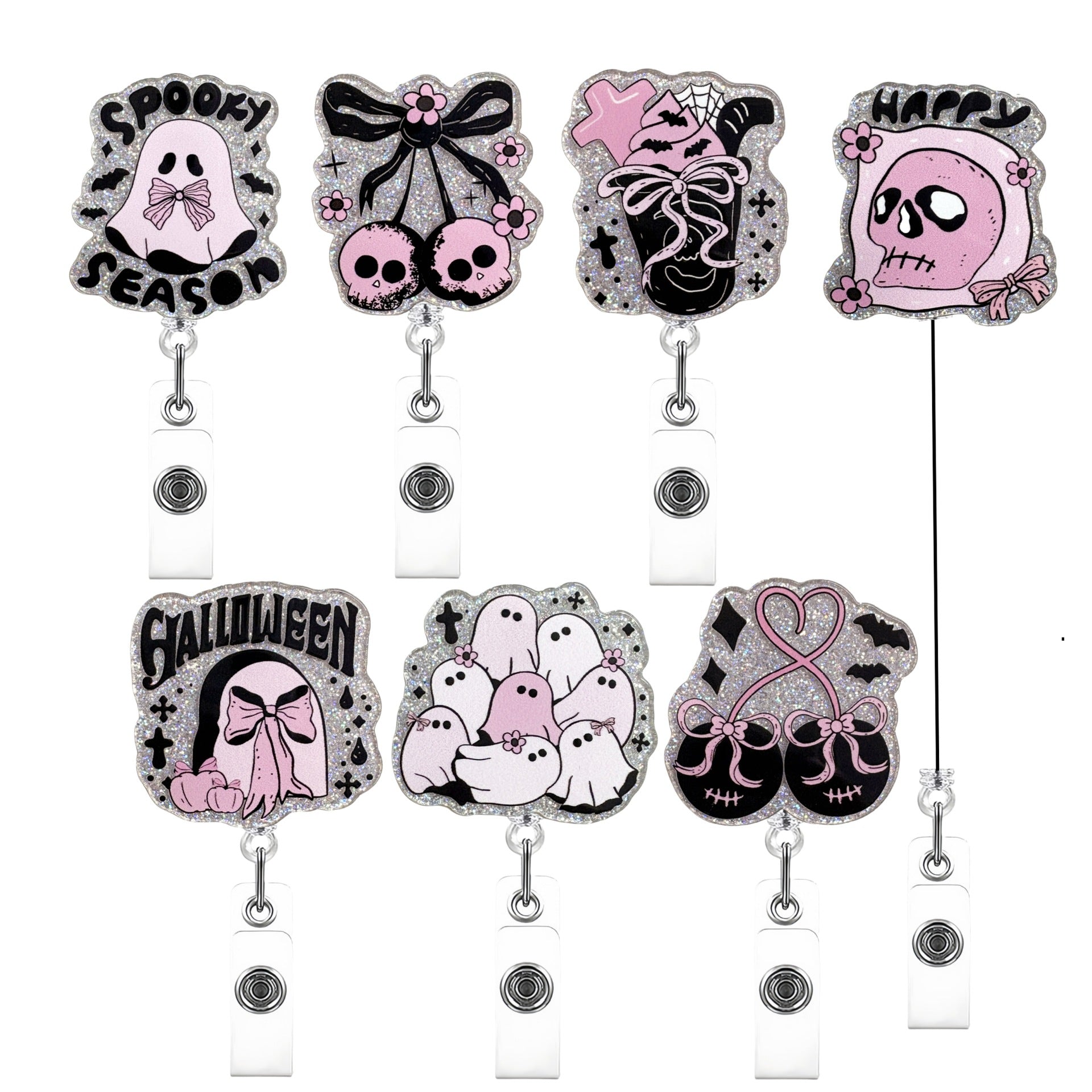 Wholesale Pink Halloween Acrylic Retractable Clip Badge Keychain