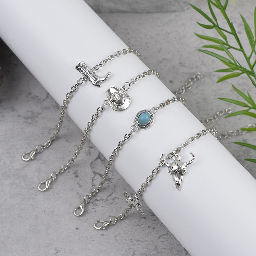 Wholesale Zinc Alloy Antique Silver Cowboy Bracelet Set With Hat Bull Head Boots Charms Vintage Fashion Jewelry Accessory Gift