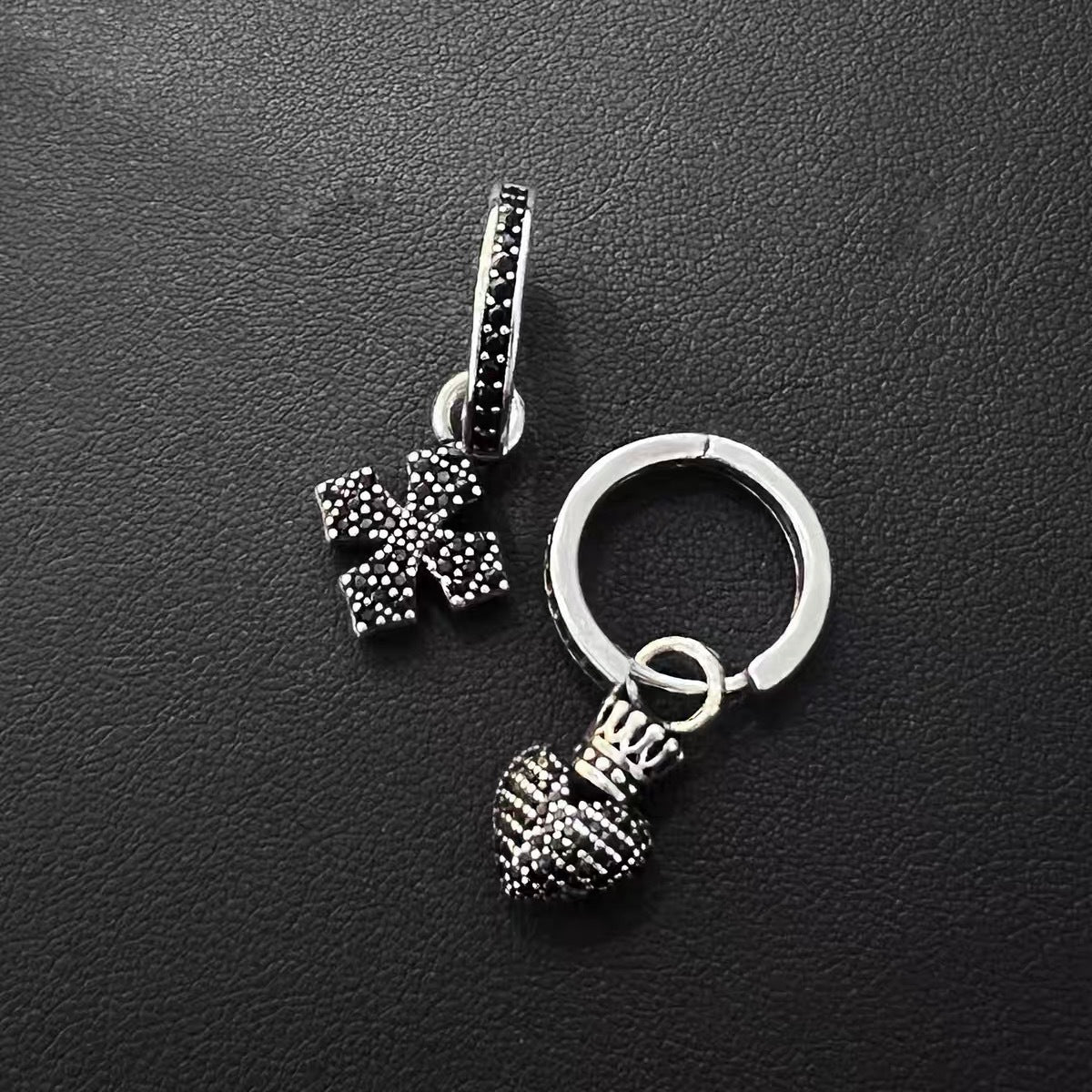 Wholesale Vintage Black Zircon Cross Crown Love Asymmetrical Earrings