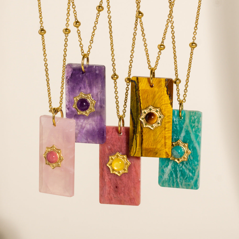 Wholesale  Stainless steel Natural Stone Square Brand Necklace