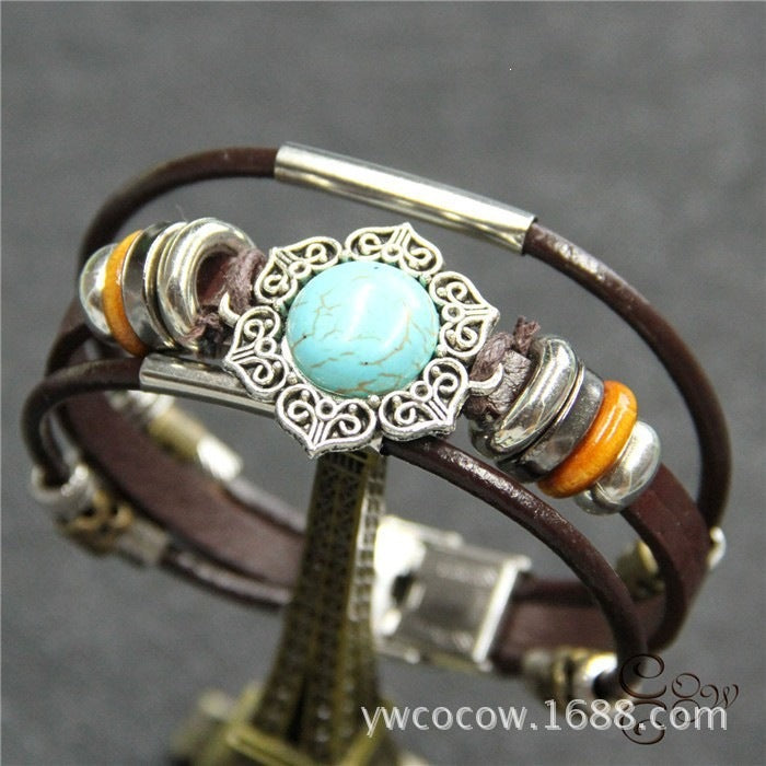 Wholesale Handwoven Leather Turquoise Bracelet Men Unisex Trendy Jewelry Accessory
