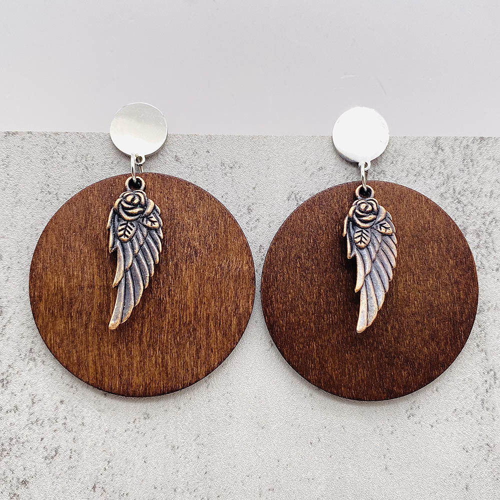 Wholesale Vintage Wooden Cross and Feather Earrings